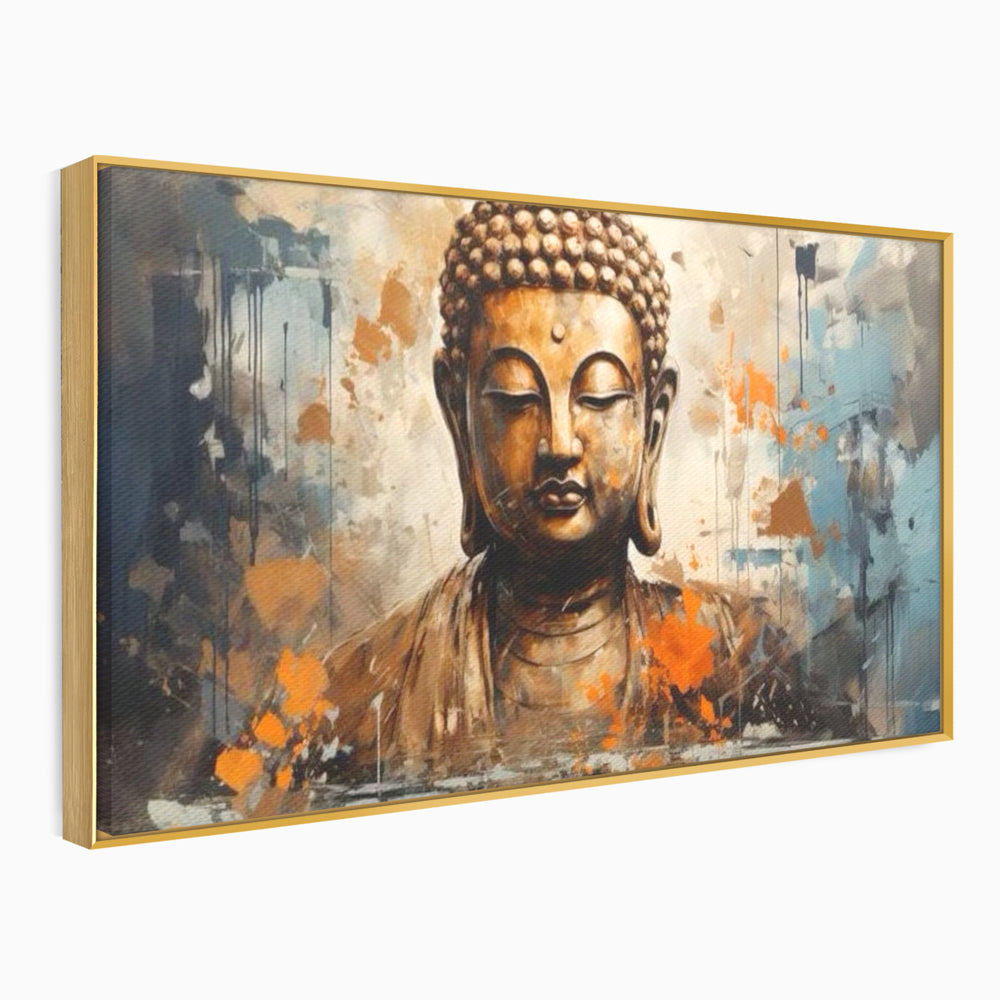 Tablou canvas cu tablou canvas cu bustul lui buddha, in rama de aluminiu auriu